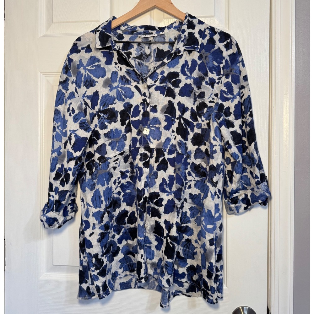 Habitat Linen Floral Button Down Tunic Top Blue Black Womens Medium Organic Read